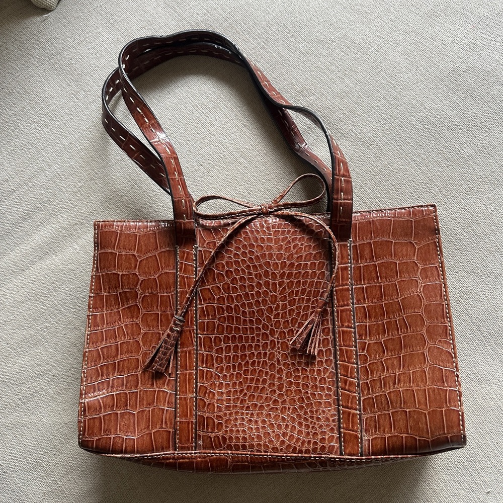 2000s Croc-Embossed Tote Bag with Tassel Detail